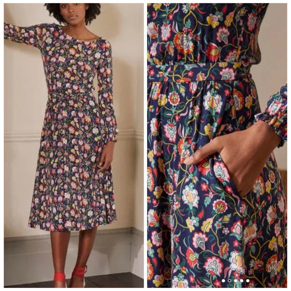 Boden Dresses & Skirts - Boden Evelyn Jersey Midi Dress French Navy Multi Floral Long Sleeve Dress‎ Sz 2P